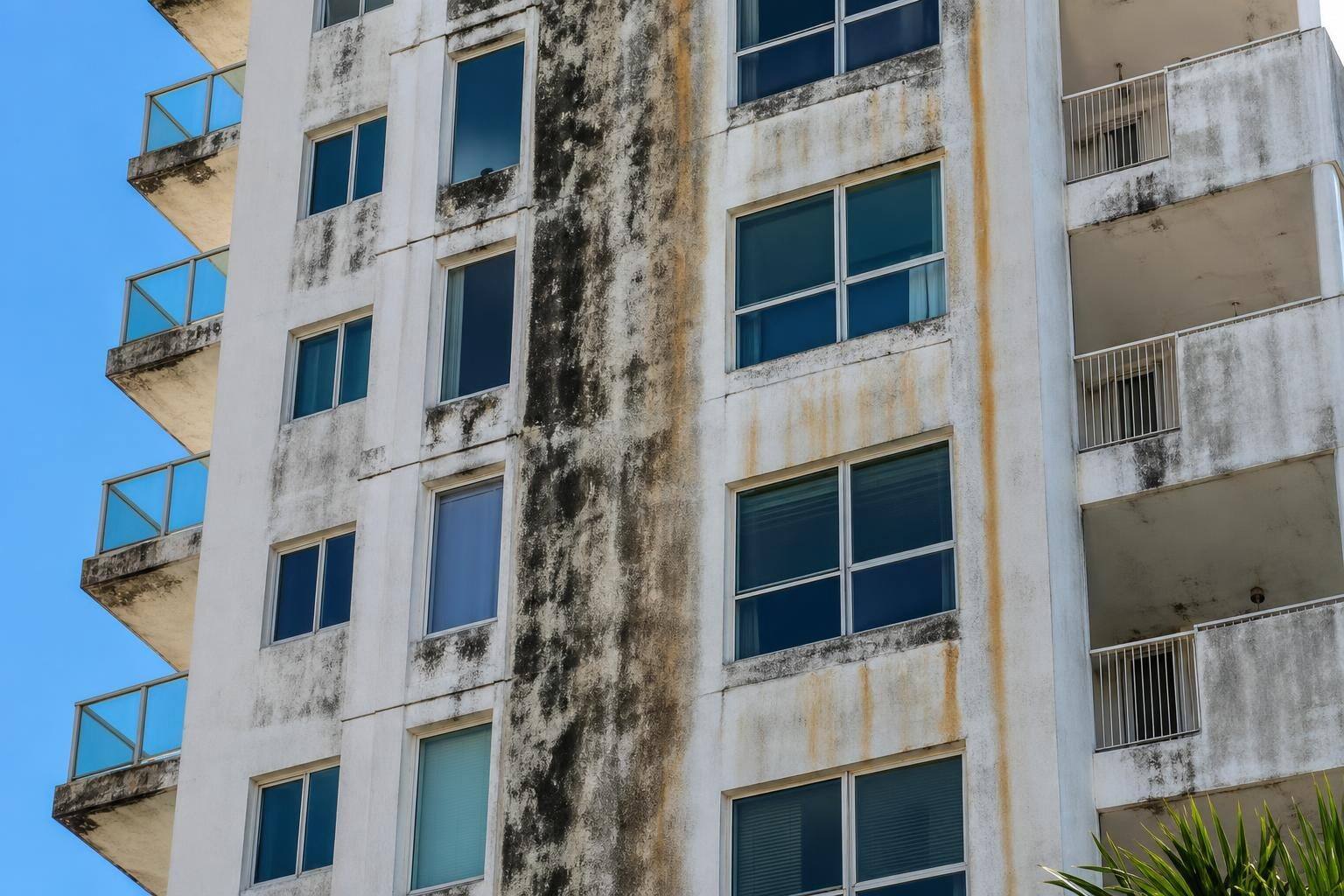 Before — Miami high-rise stucco facade cleaning
