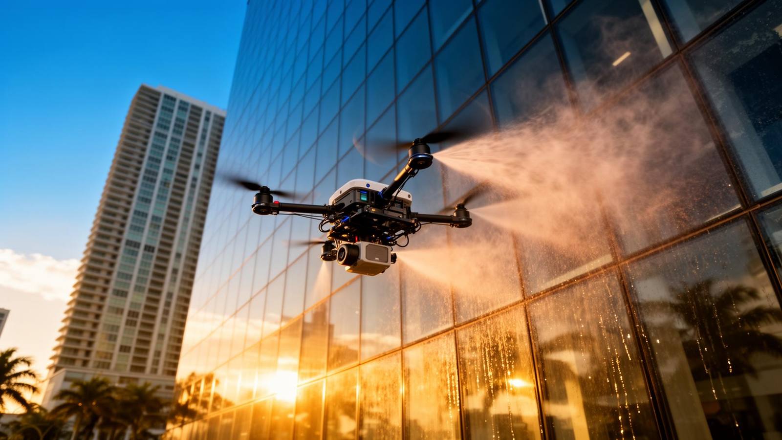 Lucid Bots Sherpa cleaning drone in operation on a Miami commercial building