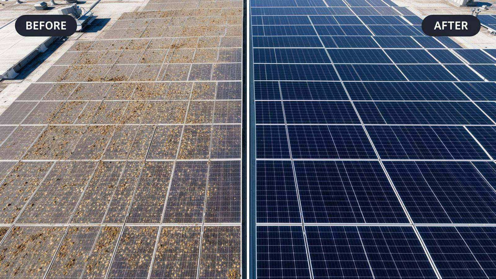 Drone cleaning a commercial solar panel array